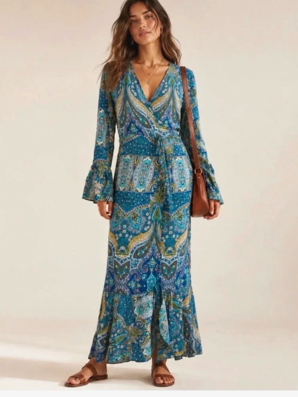 Blue Paisley Wrap Maxi Dress with Tie Waist - Women's